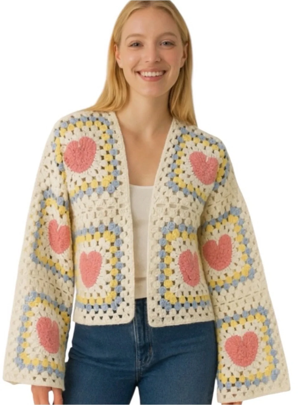 Cream Crochet Open-Front Cardigan with Pink Heart Motifs